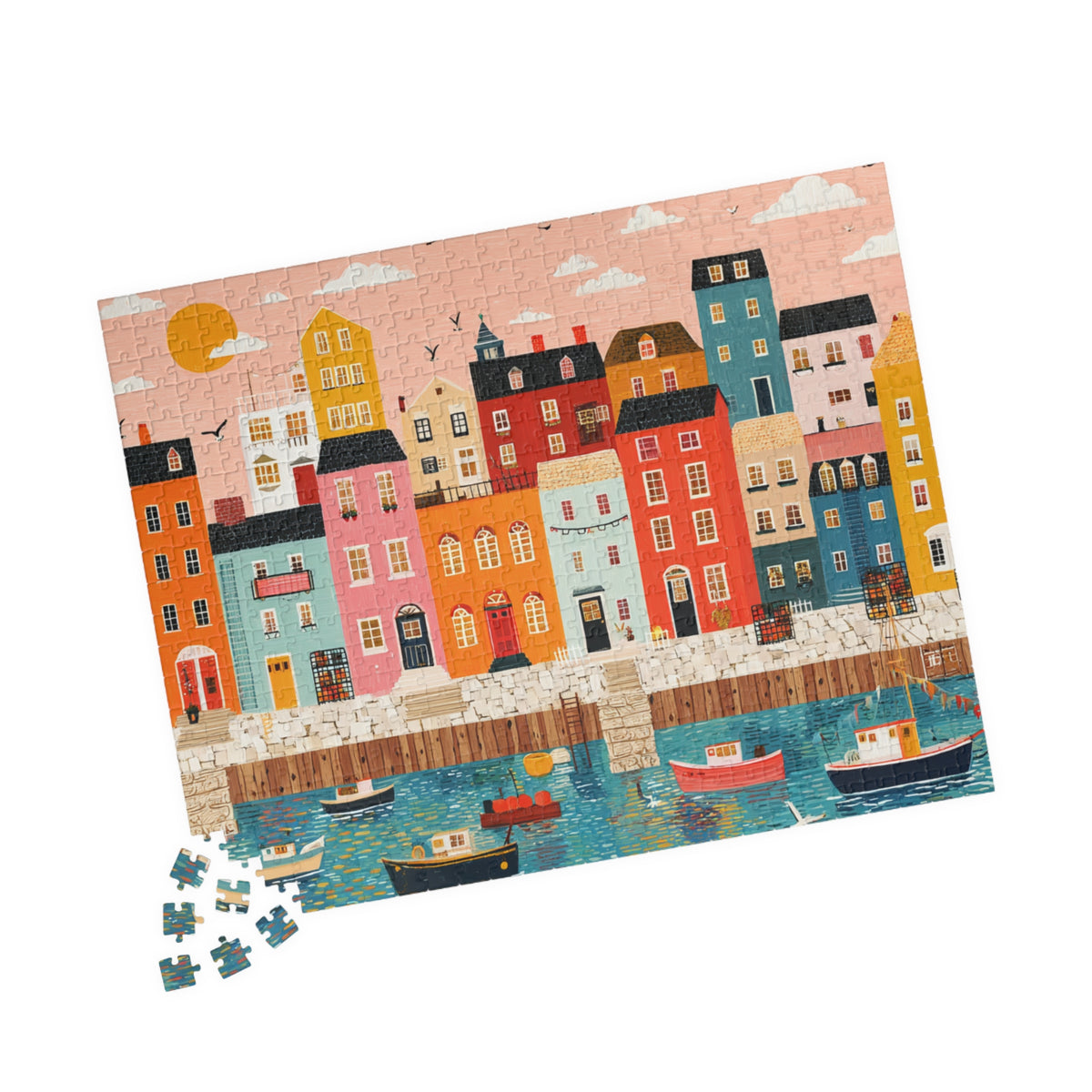 Colorful Harbor Town Puzzle | Coastal Village Jigsaw 520 pcs (Horizontal) Puzzle The Puzzle Chest
