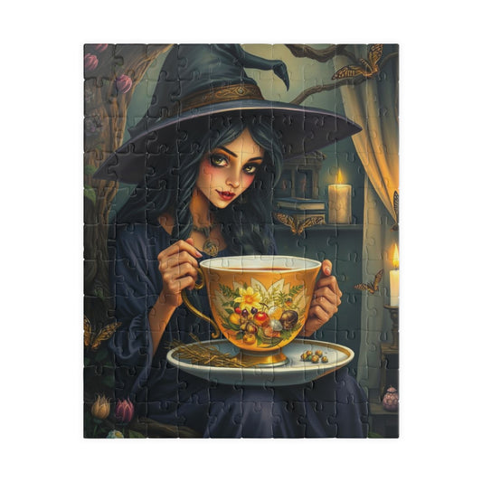 Witch's Teatime Jigsaw Puzzle, Spooky Fun for Halloween, Family Game Night, Cozy Nights, Unique Holiday Birthday Gift for Puzzle Lover