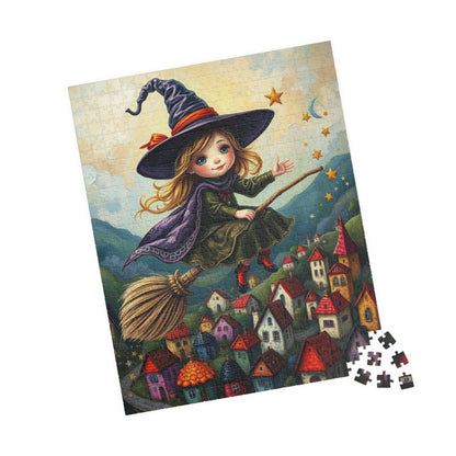 Friendly Flying Folklore - Whimsical Halloween Witch Jigsaw Puzzle, Folk Art Gift for Adult Puzzle Lover Family Game Night Indoor Activity