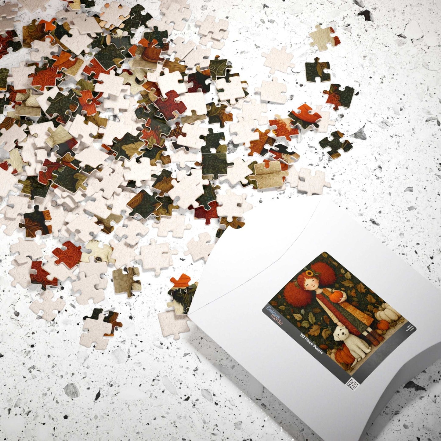 Pumpkin Patch Storybook Fairy-Tale Puzzle – Red-Haired Girl and White Terrier in a Whimsical Autumn Scene Puzzle The Puzzle Chest