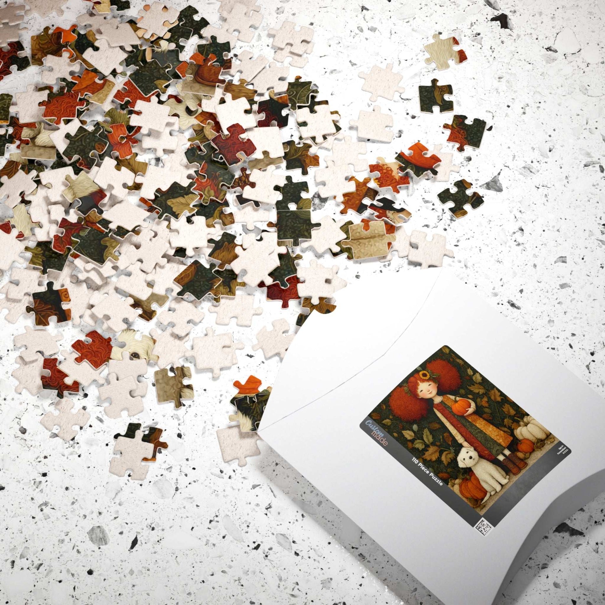 Pumpkin Patch Storybook Fairy-Tale Puzzle – Red-Haired Girl and White Terrier in a Whimsical Autumn Scene Puzzle The Puzzle Chest