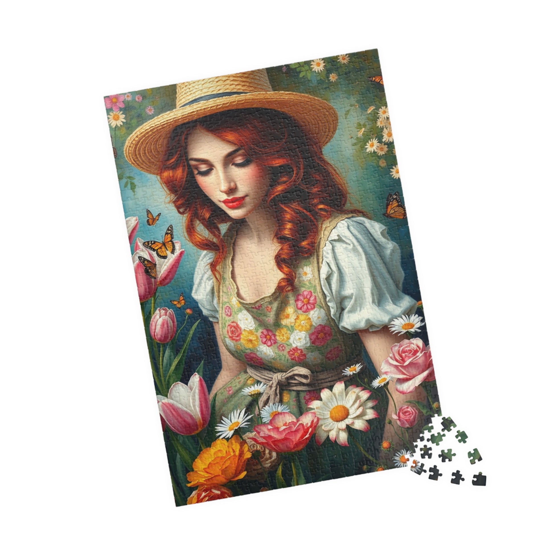 Jigsaw Puzzle, Woman Gardening Among Tulips, Daisies, Roses - 110, 252, 520, 1014-piece, Floral Apron, Straw Hat, Red Hair, Relaxing Puzzle The Puzzle Chest