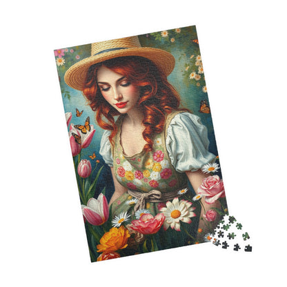 Jigsaw Puzzle, Woman Gardening Among Tulips, Daisies, Roses - 110, 252, 520, 1014-piece, Floral Apron, Straw Hat, Red Hair, Relaxing Puzzle The Puzzle Chest