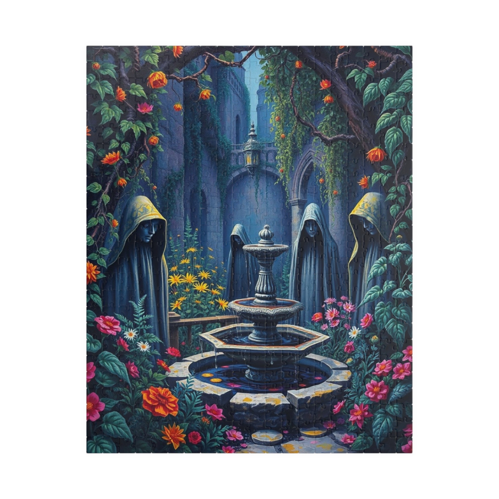 Haunting Gothic Garden Puzzle (110, 252, 520, 1014-piece), Bioluminescent Flowers Stone Statues, Mysterious Tabletop Jigsaw Game, Giftable 520 pcs (Vertical) Puzzle The Puzzle Chest