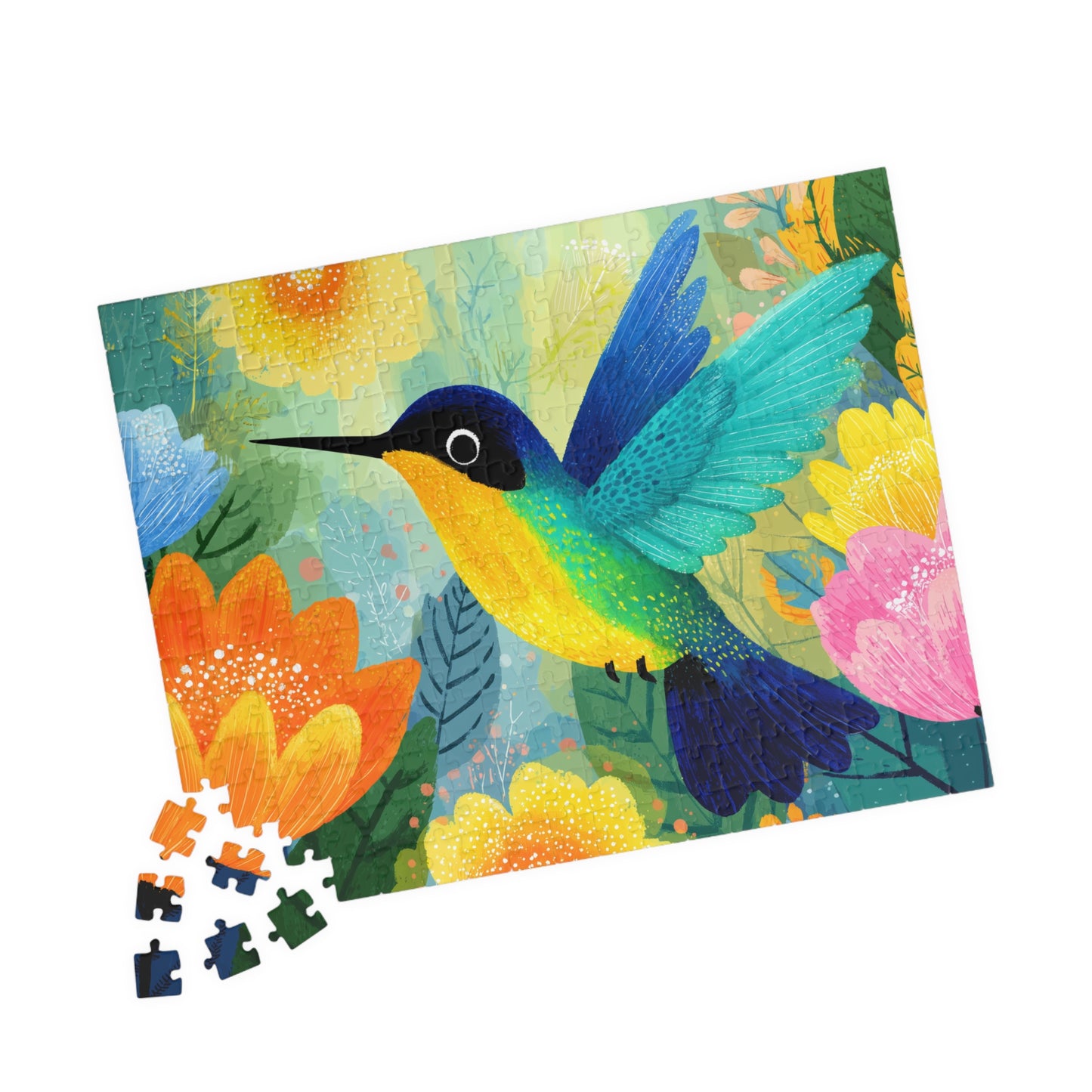 Colorful Hummingbird Illustration Puzzle | Floral Bird Jigsaw 252 pcs (Horizontal) Puzzle The Puzzle Chest