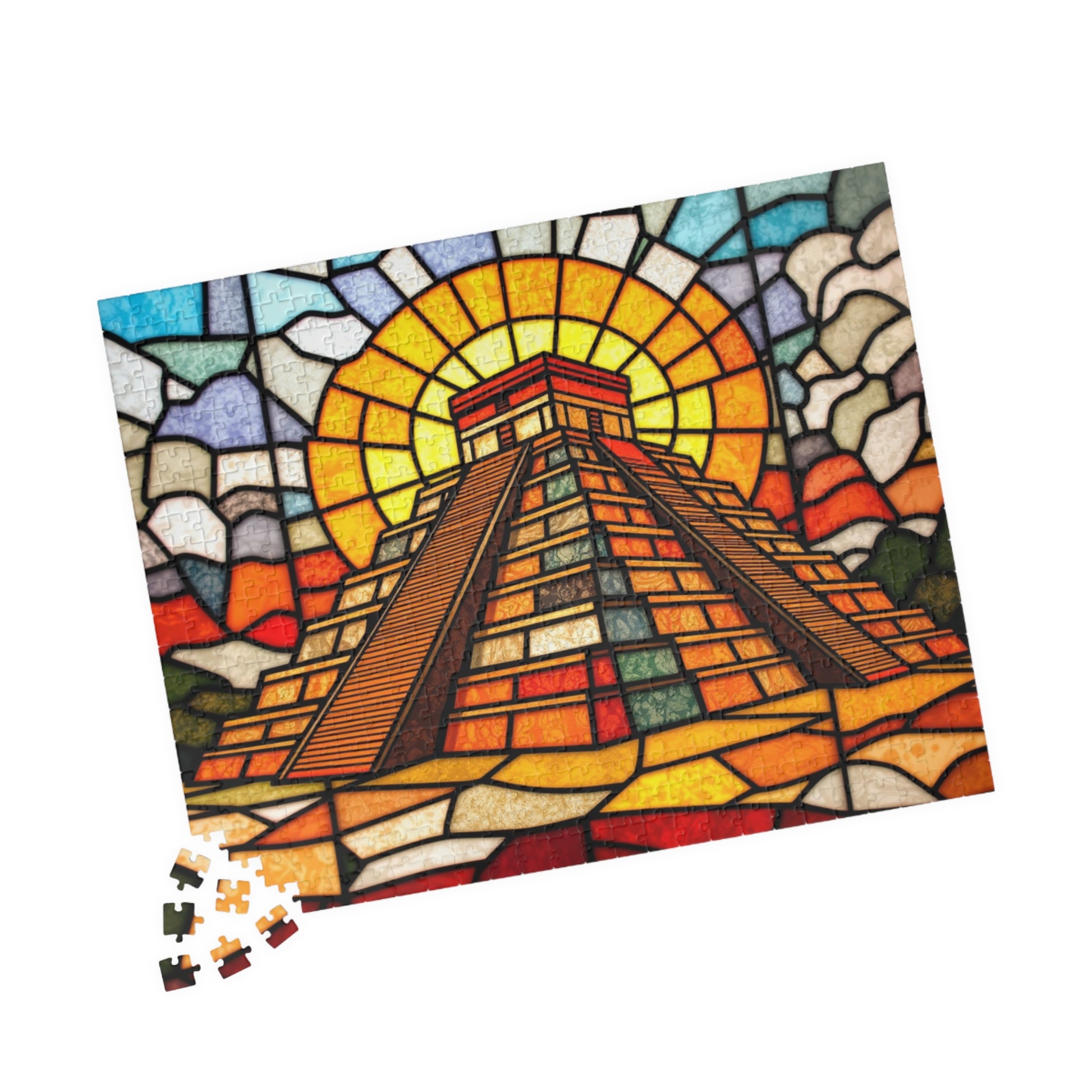 Chichen Itza Pyramid Jigsaw Puzzle, Stained Glass Inspired Historic Mayan Famous Landmark, Frameable Art Travel Enthusiast Gift Puzzle The Puzzle Chest