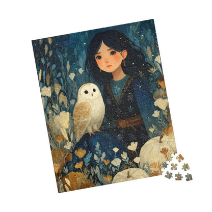 Twilight Pumpkin Grove Fairy-Tale Puzzle - Dark Haired Girl and Wise Owl, Nature Lovers Gift, Family Activity, Home Entertainment 520 pcs (Vertical) Puzzle The Puzzle Chest