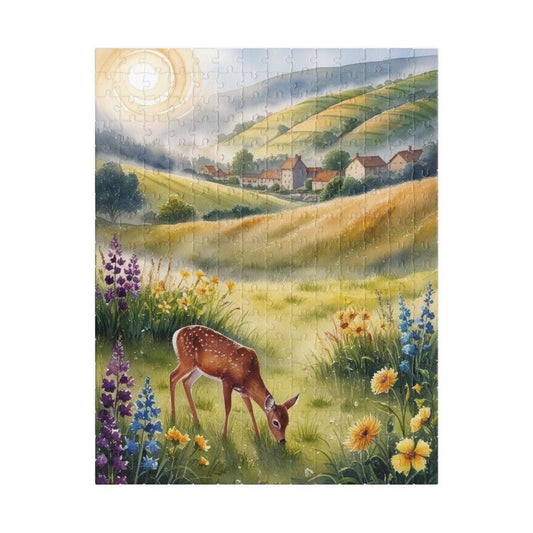 Serene Landscape Puzzle, Deer Grazing in Wildflower Field Jigsaw Game, Gift for Nature Lover, Family Night Mindfulness Activity Brain Teaser 252 pcs (Vertical) Puzzle The Puzzle Chest