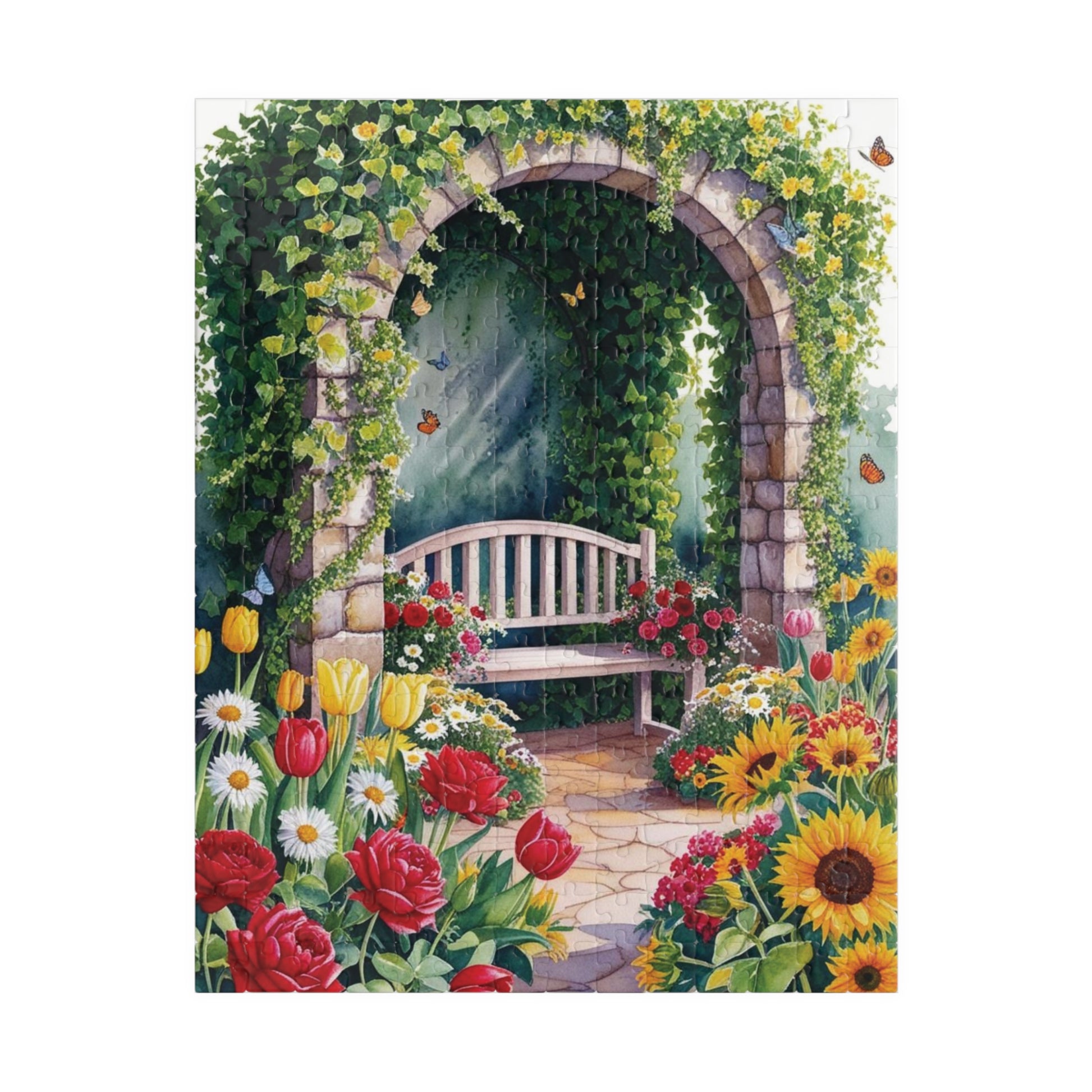 Jigsaw Puzzle, Flower Garden Mosaic Puzzle, Roses Tulips Daisies Sunflowers, Wooden Bench Ivy Butterflies, 110 252 520 1014 pieces, Gift for 252 pcs (Vertical) Puzzle The Puzzle Chest
