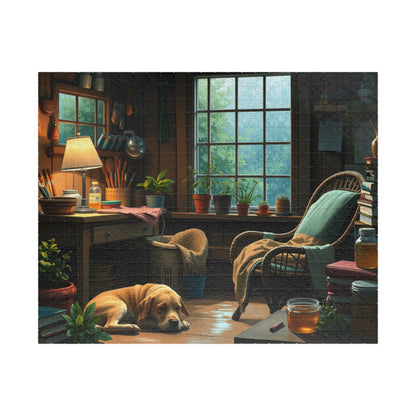 Jigsaw Puzzle, Cozy Garden Workshop Interior with Dog, Hobby Activity, Relaxing Pastime, Indoor Entertainment, Mindful Meditation, Stress