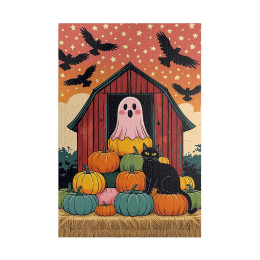 Haunted Barn Halloween Jigsaw Puzzle - Ghost, Cat and Pumpkin Barnyard Scene