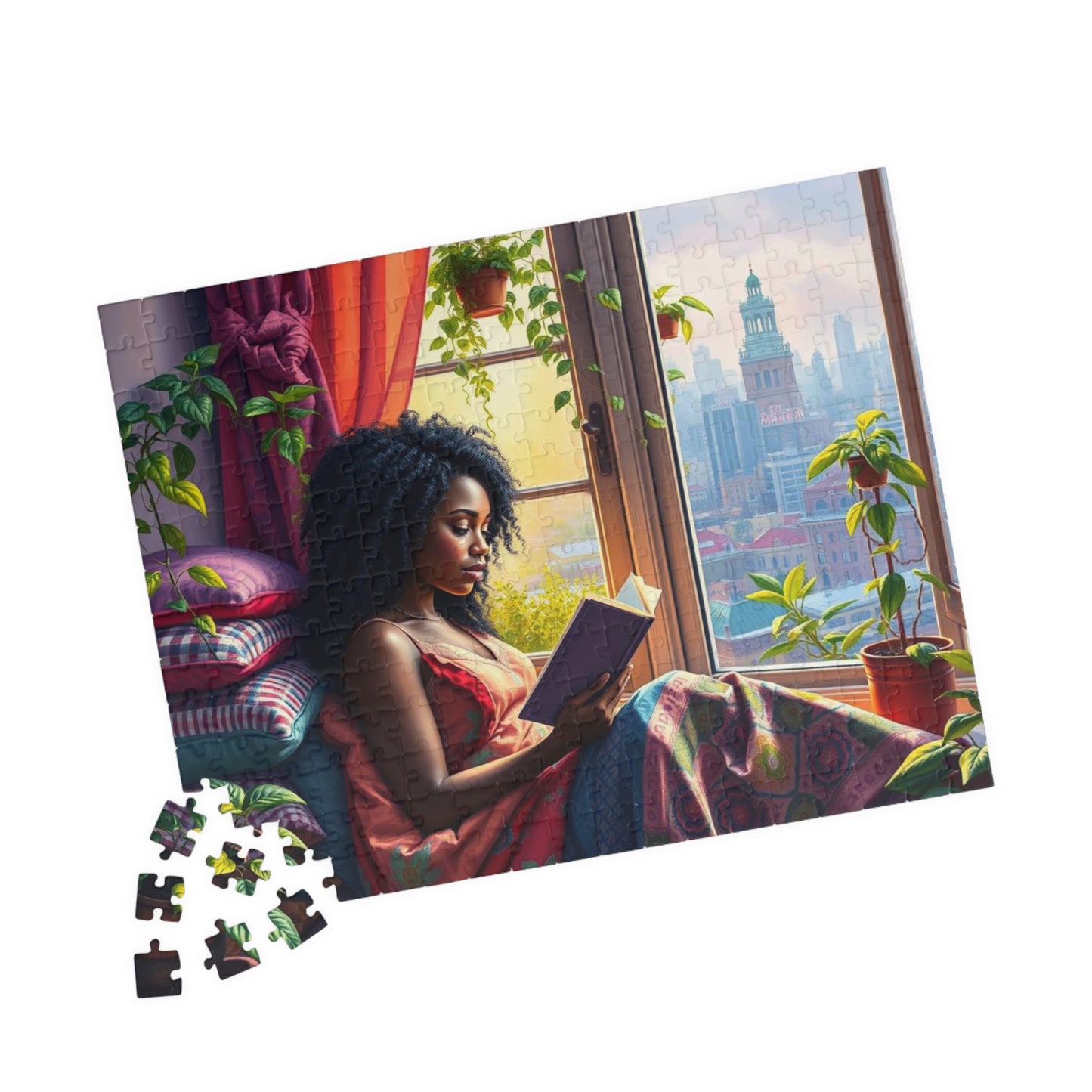 Black Woman Reading by Window Puzzle | Cozy Booklover Jigsaw Puzzle, City View