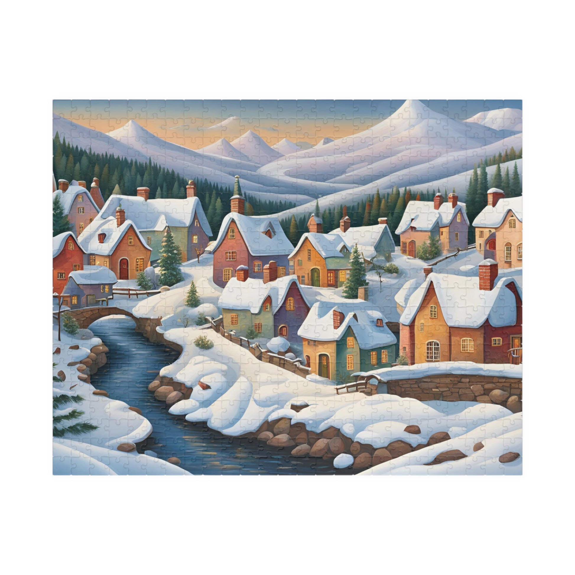 Jigsaw Puzzle, Scandinavian Winter Village, Lake & Mountain View, 110, 252, 520, 1014-Piece. Winter Wonderland Puzzle, Christmas Gift, 520 pcs (Horizontal) The Puzzle Chest
