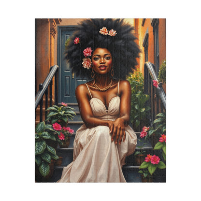 Artistic Jigsaw Puzzle: Beautiful Black Woman with Flowers, Perfect Afrocentric Gift for Puzzle Lovers, Relaxing Activity, Fun Family Game