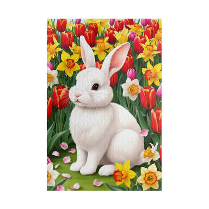 Puzzle - Fluffy Rabbit in Colorful Garden with Tulips and Daffodils, Fun Nature Jigsaw Game, Relaxing Hobby, Easter Gift, Mindful Activity 1014 pcs (Vertical) Puzzle The Puzzle Chest