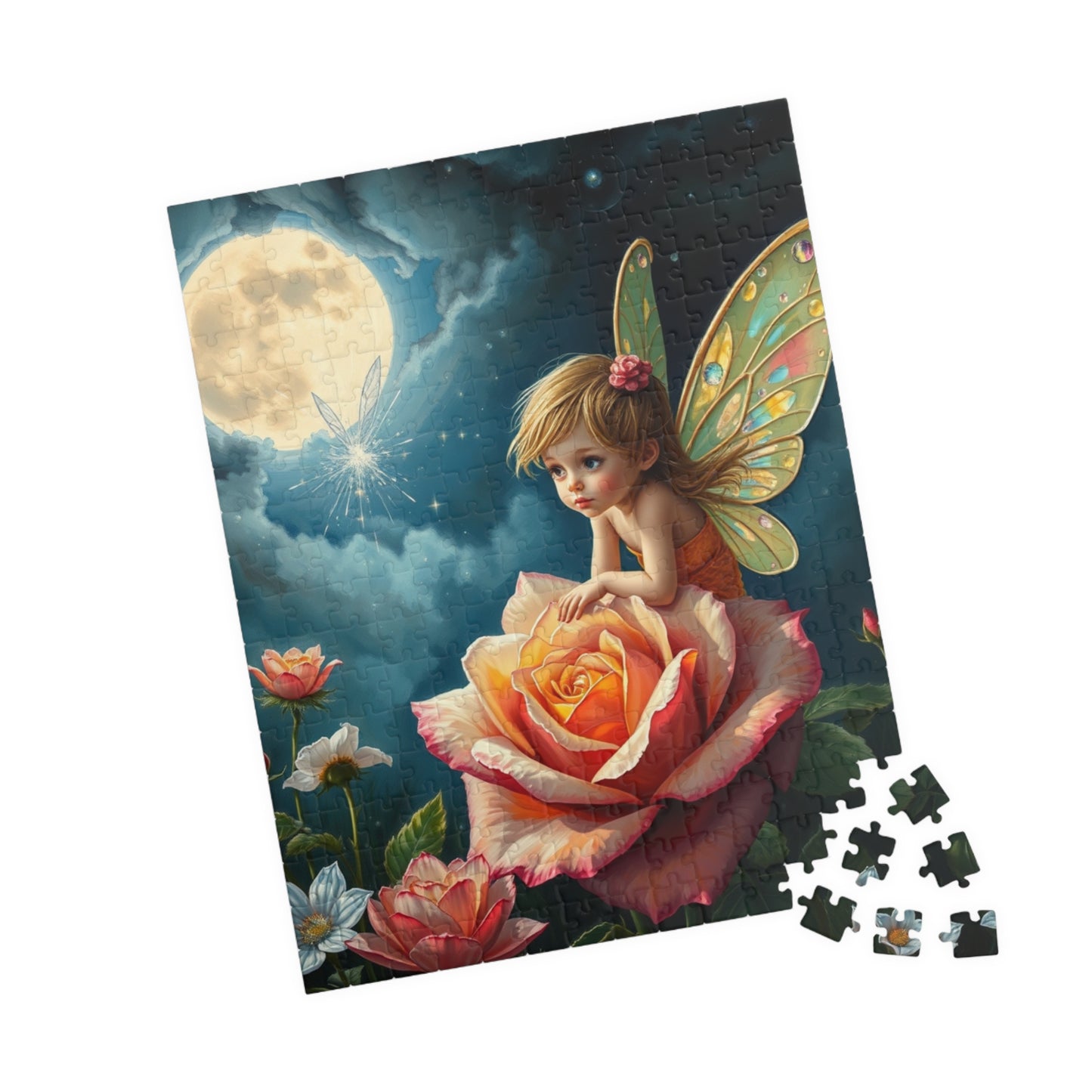 Fairy and Rose Jigsaw Puzzle, Fairy Perched on Dew-Covered Rose in Moonlit Meadow, Brain Teaser, Fun Family Activity, Fantasy Lover Gift Puzzle The Puzzle Chest