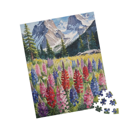 Floral Wildflower Puzzle, Landscape Alpine Meadow Jigsaw - Indian Paintbrush, Lupines, Snow-Capped Mountains, Fun Family Activity Game Night Puzzle The Puzzle Chest