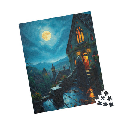 Gothic Vampire Puzzle, Rainy Night Manor Overlooking a Moonlit Village, Dark Fantasy Jigsaw Game, Gift for Lovers of Supernatural Lore Puzzle The Puzzle Chest