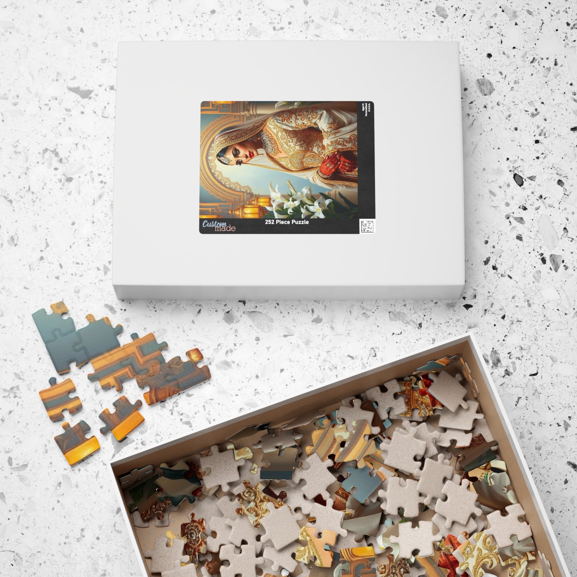 Middle Eastern Bride Puzzle with Gold Ivory Kaftan and Lanterns, Family Friendly Wedding Jigsaw Game, Mindful Activity, Puzzle Lover Gift Puzzle The Puzzle Chest