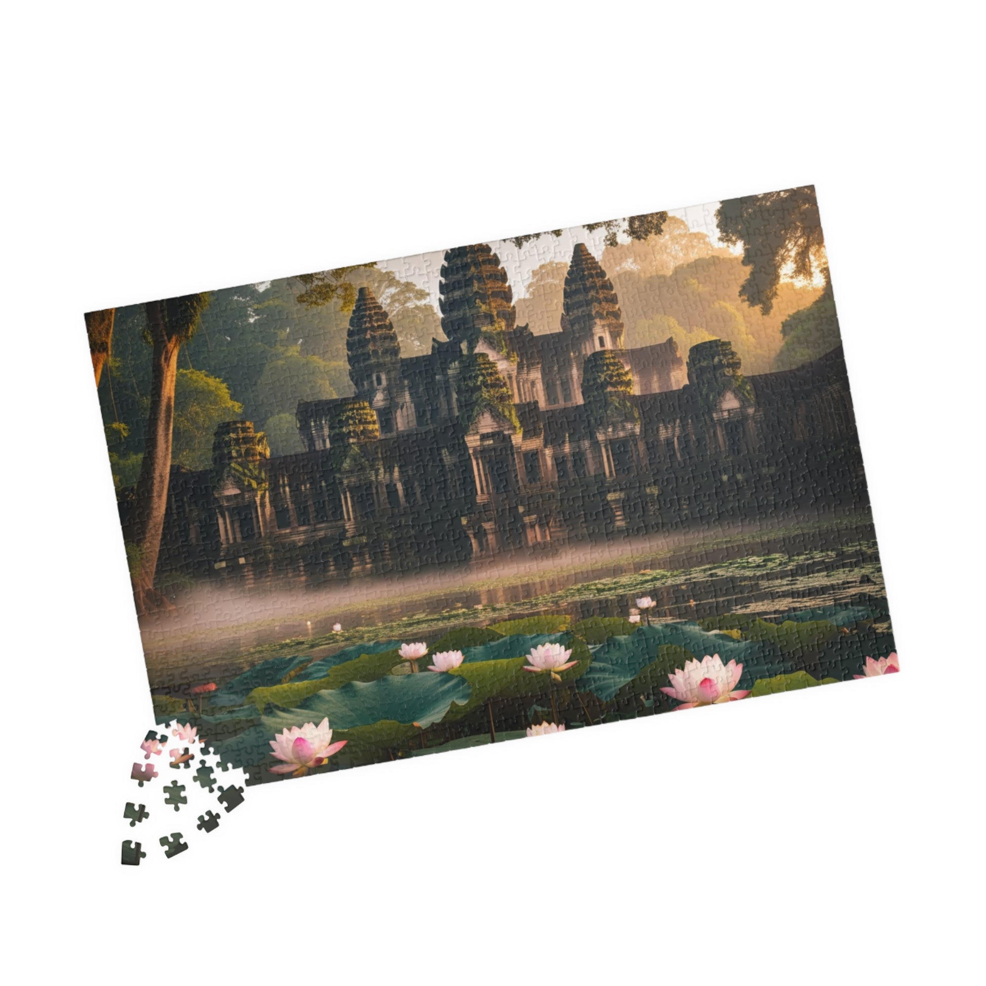 Mystical Angkor Wat Temple Jigsaw Puzzle with Lotus Flowers, Asian Ancient Temple Family Game, History Enthusiast Puzzle Lover Gift Puzzle The Puzzle Chest