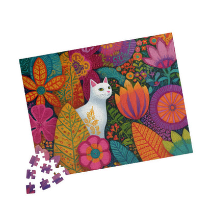 Cat Among the Flowers – Garden Cat Jigsaw Puzzle, Animal Theme Fauvist Flower Art Puzzle, Cartoonish 252 pcs (Horizontal) Puzzle The Puzzle Chest