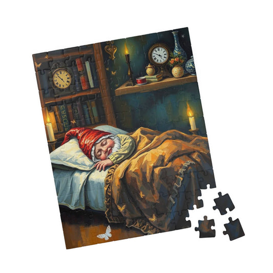 Vintage Cottagecore Gnome Bedroom Jigsaw Puzzle – Rustic Cozy Nighttime Sleeping Dwarf 110 pcs (Vertical) Puzzle The Puzzle Chest