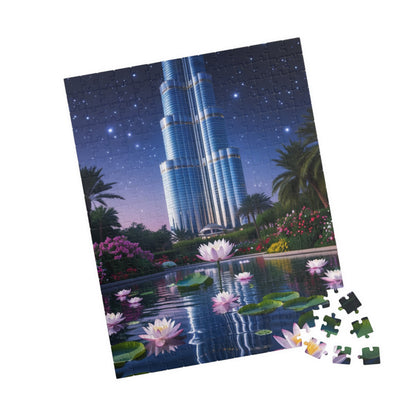 Burj Khalifa Reflections Jigsaw Puzzle, Dubai Skyline Lotus Water Lily Night Garden Landscape, Best Gift for Traveler Art Lover, Hobbyist Puzzle The Puzzle Chest