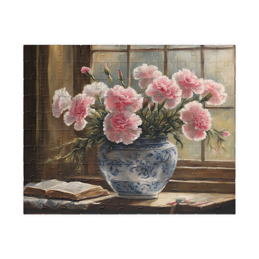 Antique Flower Vase Puzzle, Vintage Pink Carnations Still Life Floral Jigsaw Game for Adults, Fun Indoor Family Solo Activity, Birthday Gift