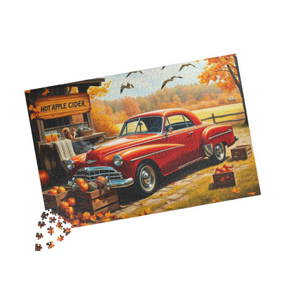 Apple Cider Stand Stop Fall Themed Jigsaw Puzzle - Retro Car Scene, Family Fun Activity, Autumn Decor Gift, Cozy Indoor Entertainment