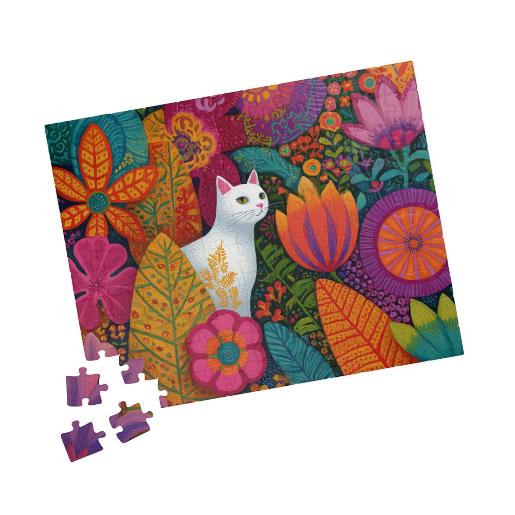 Cat Among the Flowers – Garden Cat Jigsaw Puzzle, Animal Theme Fauvist Flower Art Puzzle, Cartoonish 110 pcs (Horizontal) Puzzle The Puzzle Chest