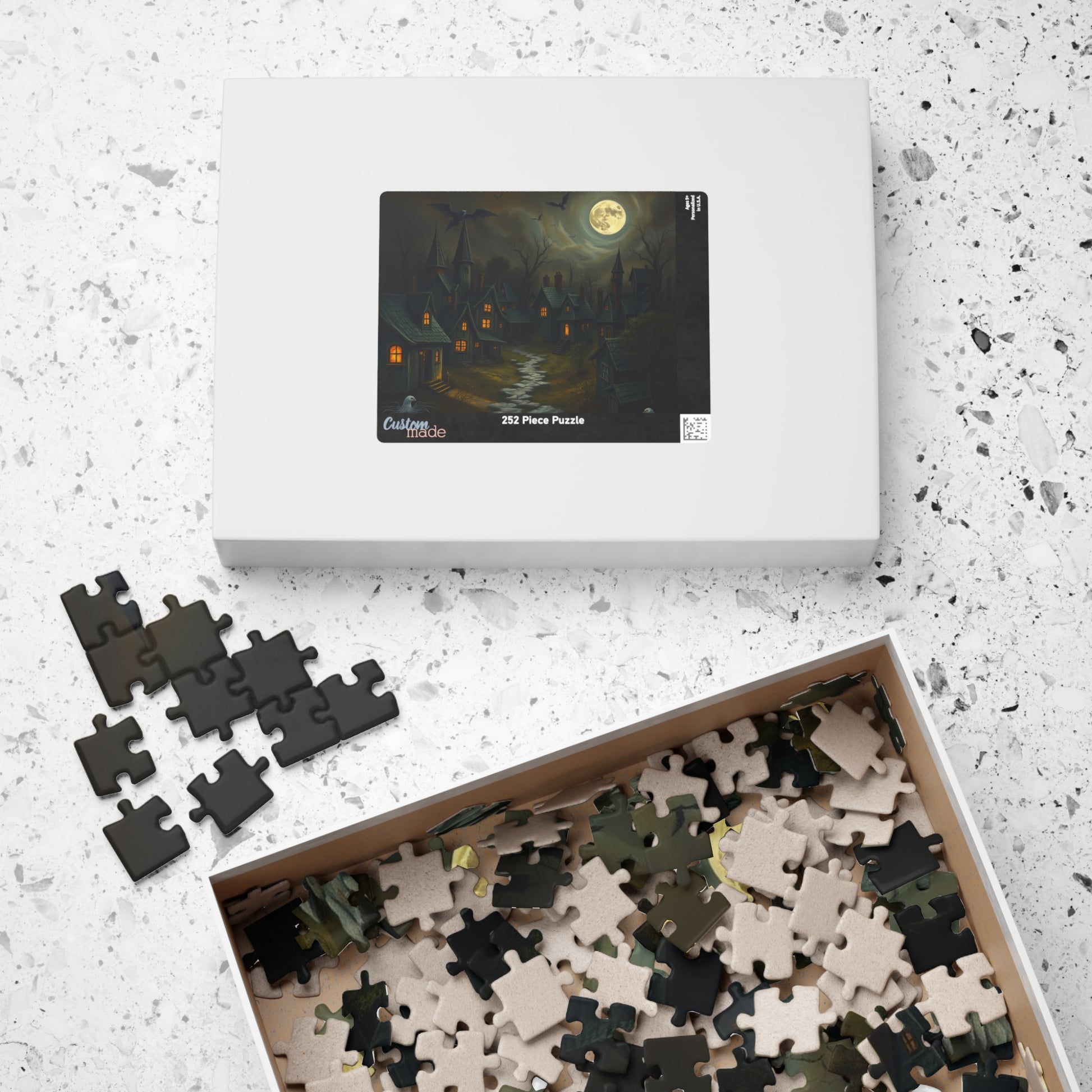 Eerie Village Puzzle (110, 252, 520, 1014-piece), Black Houses Glowing Windows and Full Moon, Spooky Nighttime Scene, Gothic Lover Gift The Puzzle Chest