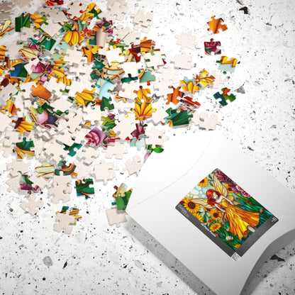 Fairy Sunflower Jigsaw Puzzle - Stained Glass Style, 110/252/520/1014-Piece, Hobby Game, Gift for Fantasy Lover Birthday Holiday