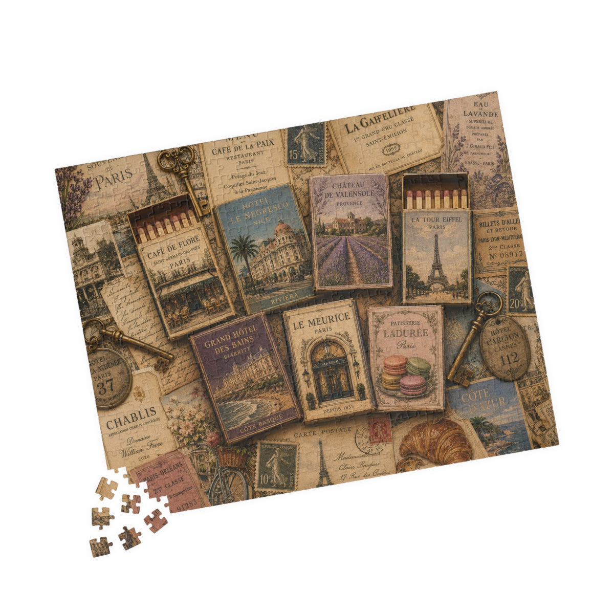 Vintage France Matchbook Puzzle | Paris Travel Memorabilia Jigsaw | French Café Collection Challenge | European Nostalgia 520 pcs (Horizontal) Puzzle The Puzzle Chest