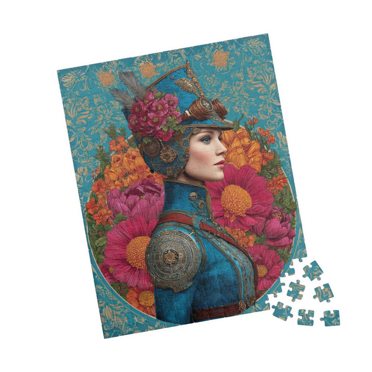 Colorful Female Portrait with Floral and Gear Elements - Unique Steampunk Art Jigsaw Puzzle 252 pcs (Vertical) Puzzle The Puzzle Chest