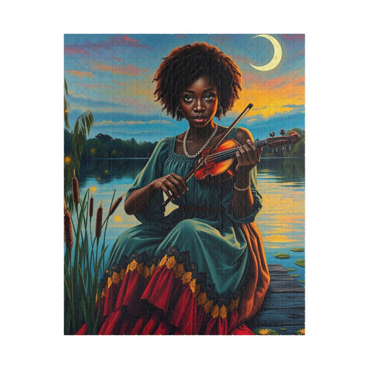 The Fiddler Jigsaw Puzzle - Twilight Serenade African American Woman Playing Fiddle, Afrocentric Art, Black Musician Puzzle The Puzzle Chest