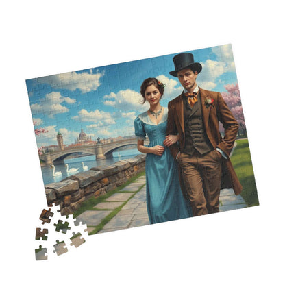 Romantic Stroll by the River - 19th Century Victorian Couple Jigsaw Puzzle with Blossoms, Bridge, and Swans 252 pcs (Horizontal) Puzzle The Puzzle Chest
