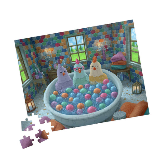 Pastel Chicken Bathhouse Jigsaw Puzzle – Adorable Fairy Tale Chickens Soaking in Rainbow Bubble Tub 110 pcs (Horizontal) Puzzle The Puzzle Chest