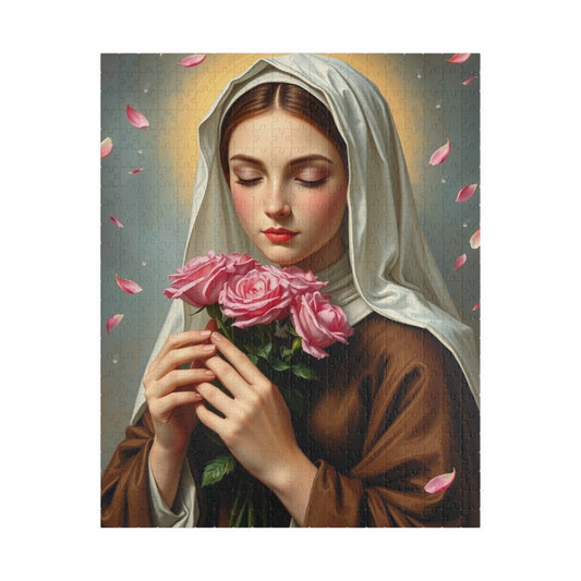 Puzzle, Saint Therese of Lisieux Holding Pink Roses, Adult Jigsaw Game, Religious Art, Meditation Activity, Christian Gift, Holiday Present 520 pcs (Vertical) Puzzle The Puzzle Chest