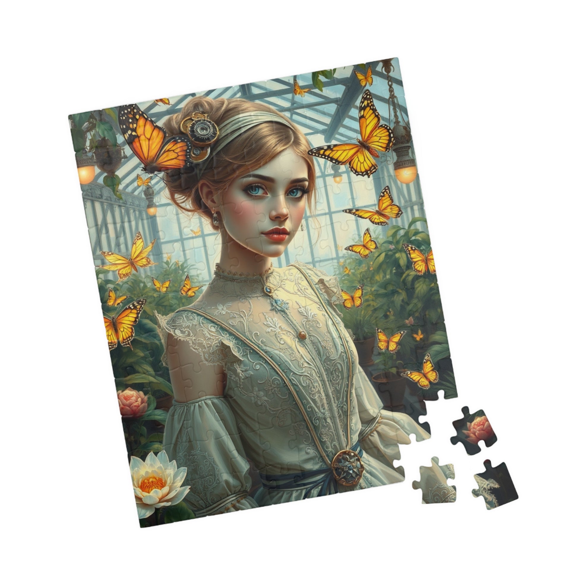 Steampunk Jigsaw Puzzle - Mechanical Butterfly and Woman in Greenhouse, 110 252 520 1014-Piece, Fun Family Activity, Unique Puzzle Lover Gift Puzzle The Puzzle Chest
