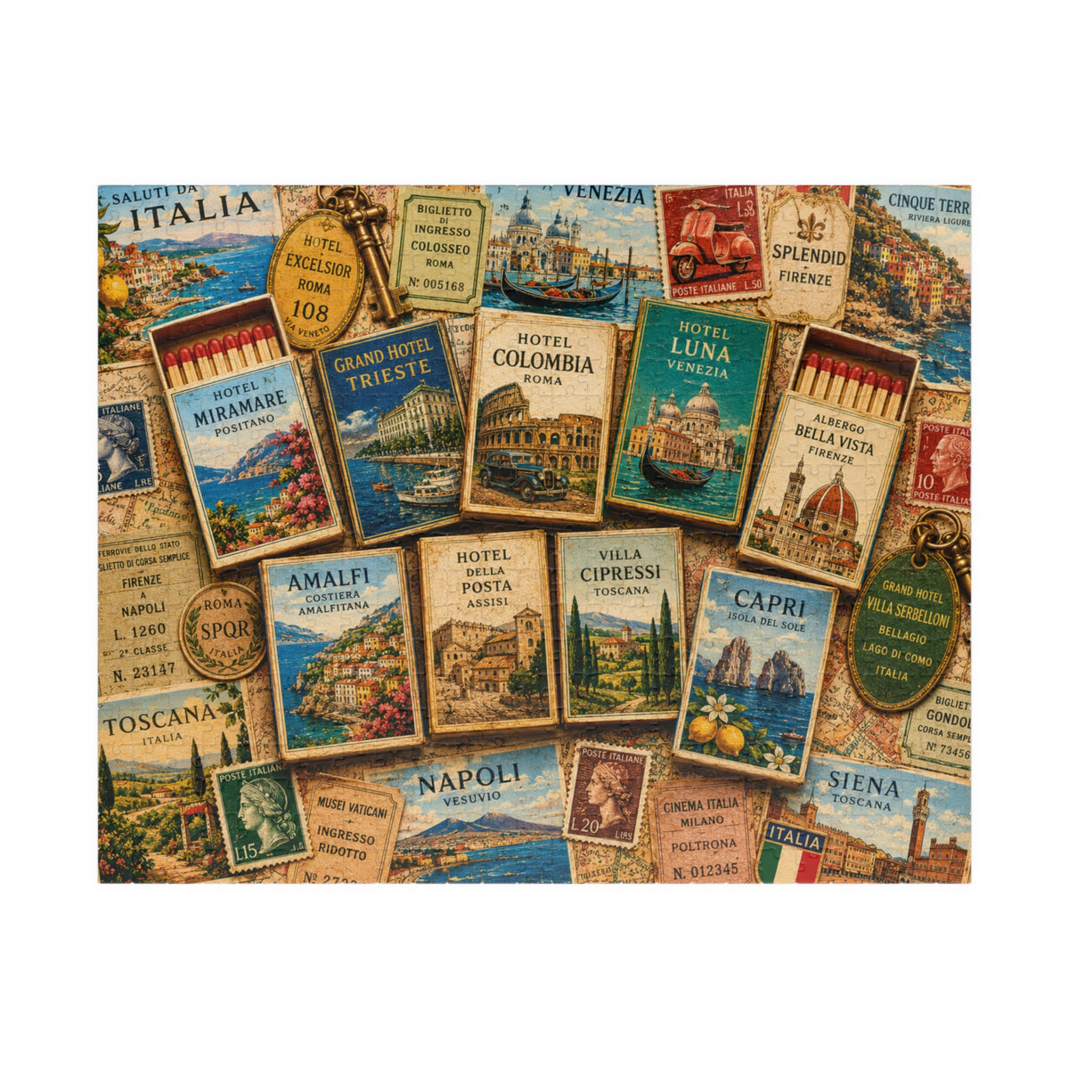 Italy Matchbook Puzzle | Italian Travel Memorabilia Jigsaw | Mediterranean Landmark European Vacation Nostalgia Puzzle The Puzzle Chest