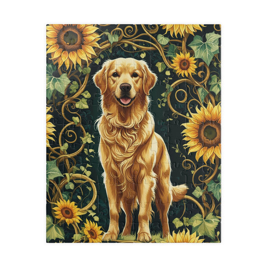 Vintage Golden Retriever Jigsaw Puzzle, Floral Sunflower Dog Themed Game for Family Fun Leisure Activity, Pet Owner Best Unique Gift, Hobby 110 pcs (Vertical) Puzzle The Puzzle Chest