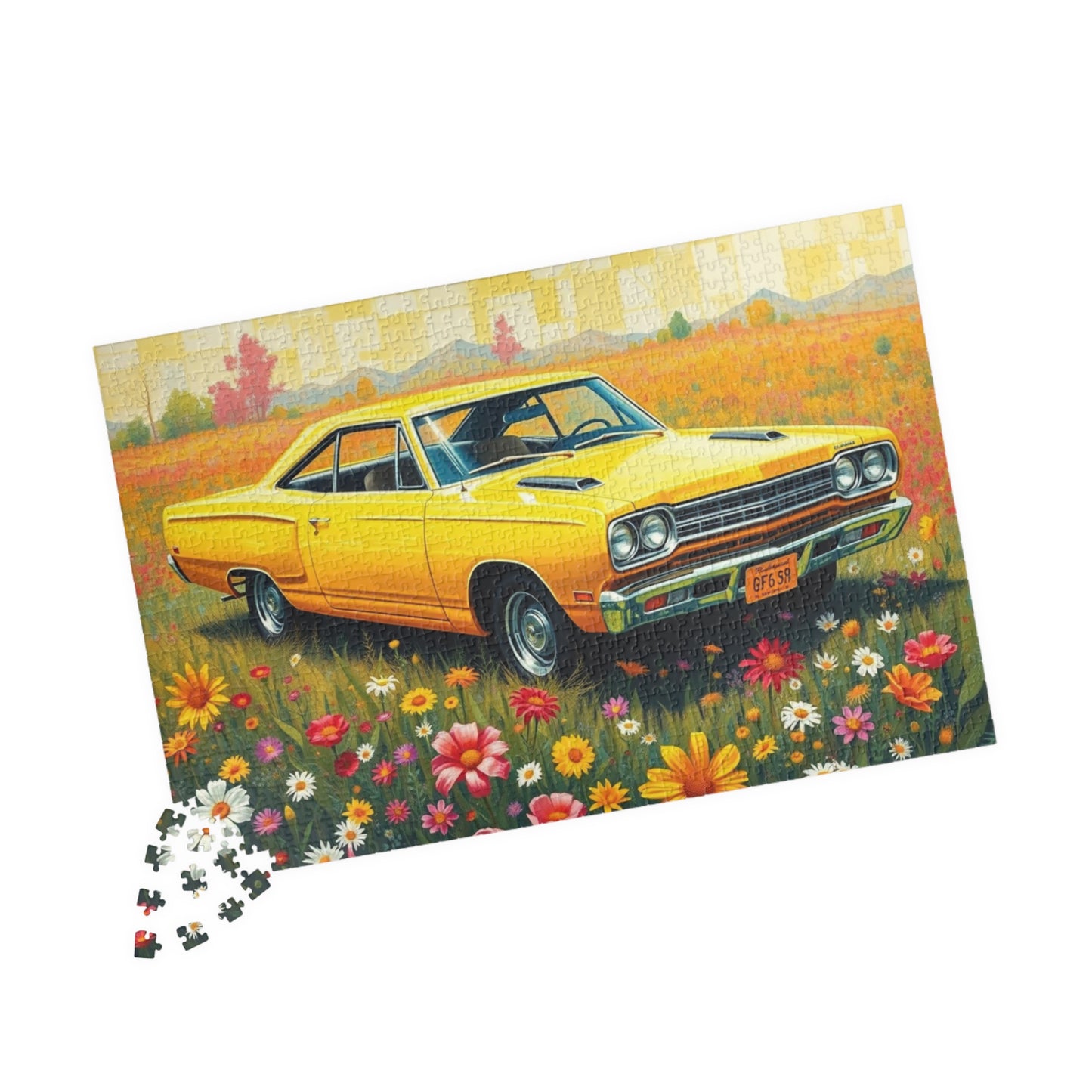 Vintage Car Puzzle Classic Yellow 1969 Plymouth Road Runner, Nostalgic Auto Jigsaw Game for Adults, Gift for Car Lover, Family Game Night