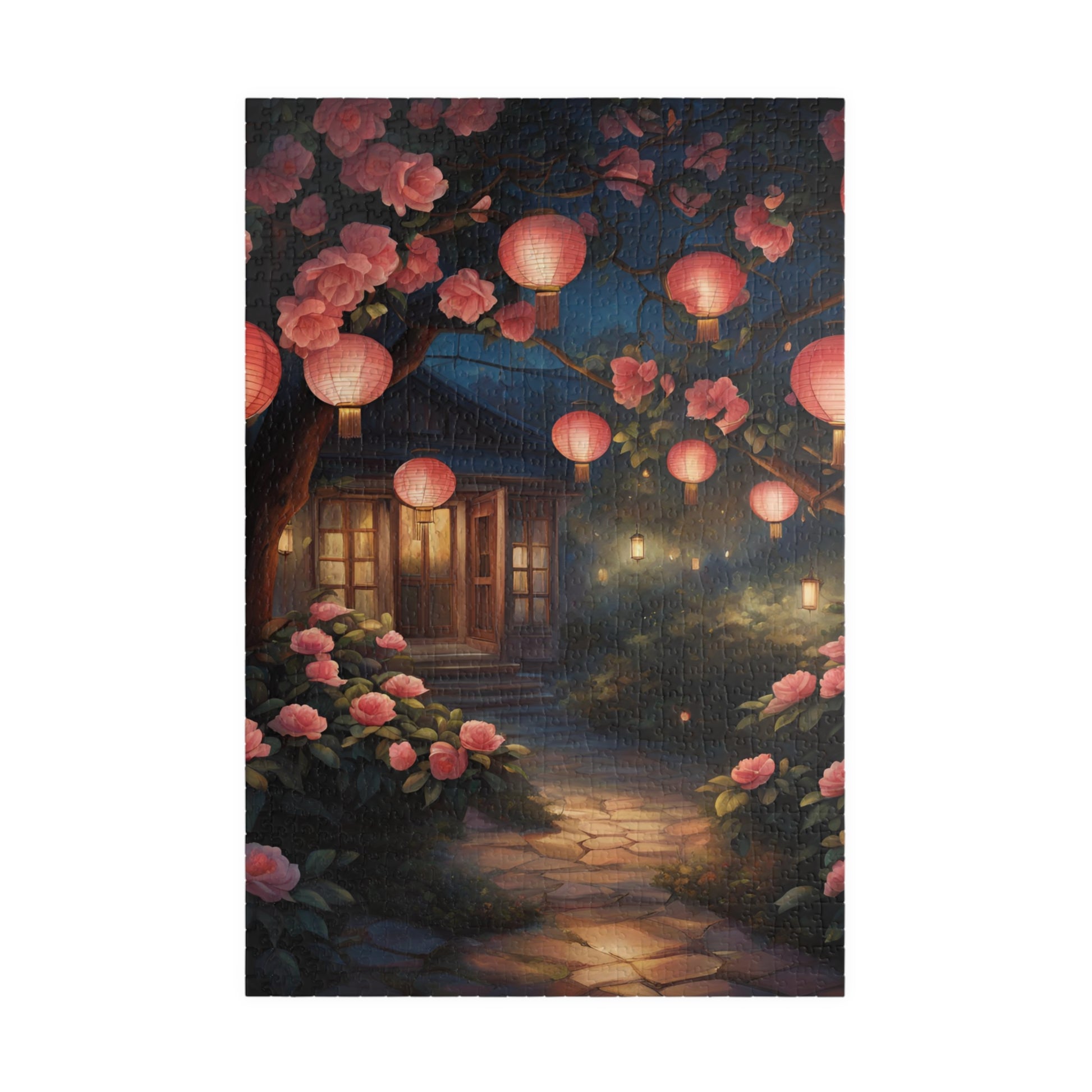 Cottage Landscape Jigsaw Puzzle, Nature-Inspired Floral Flower Design, Nighttime Lanterns and Camellias, Relaxing Hobby, Family Game Night 1014 pcs (Vertical) Puzzle The Puzzle Chest