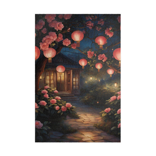 Cottage Landscape Jigsaw Puzzle, Nature-Inspired Floral Flower Design, Nighttime Lanterns and Camellias, Relaxing Hobby, Family Game Night 1014 pcs (Vertical) Puzzle The Puzzle Chest