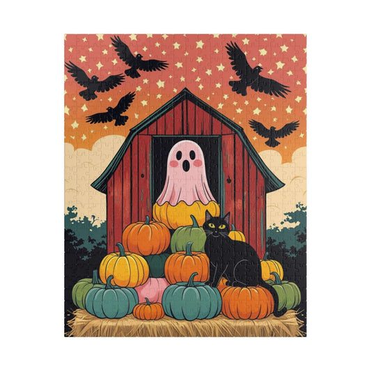 Haunted Barn Halloween Jigsaw Puzzle - Ghost, Cat and Pumpkin Barnyard Scene