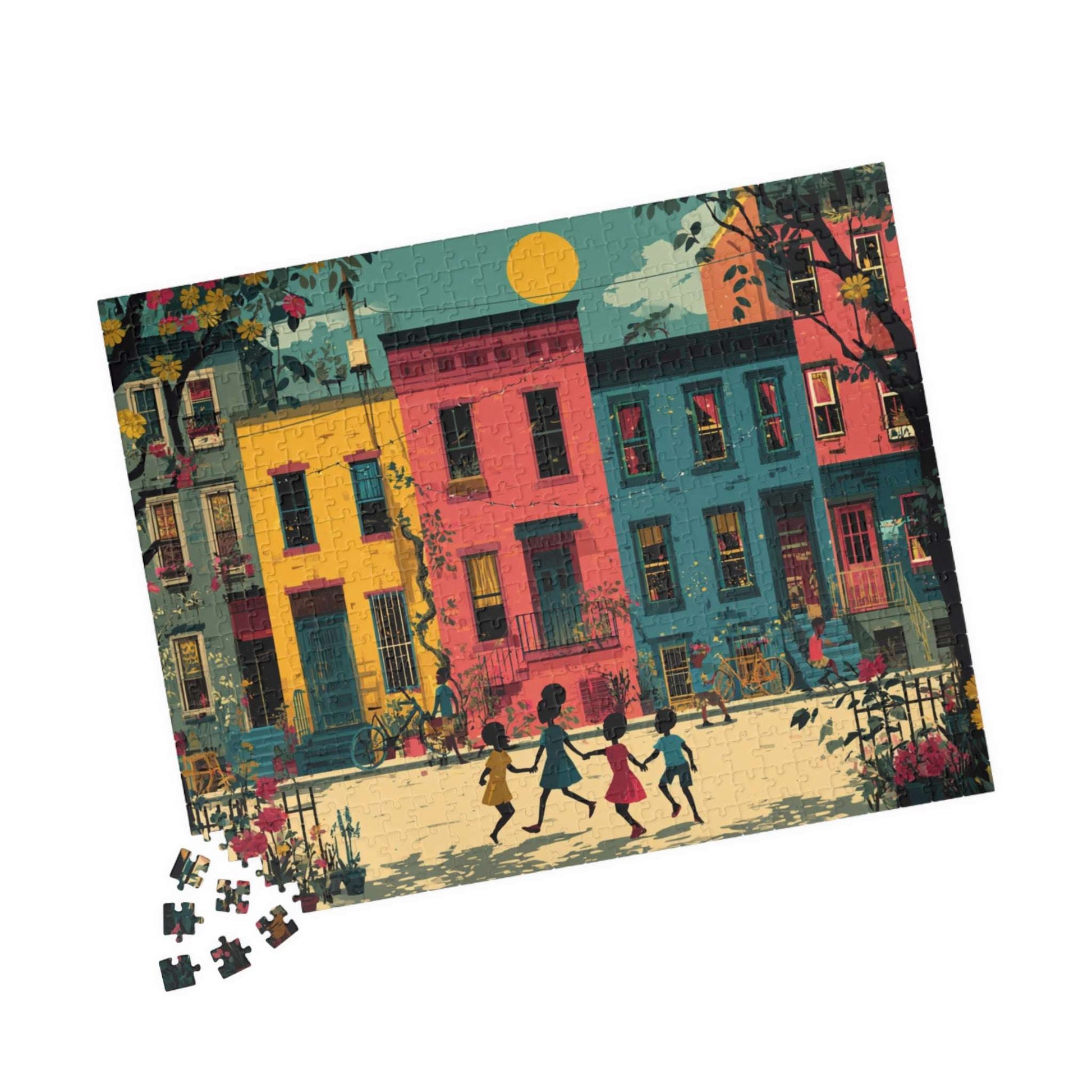 Black Children Playing Jigsaw Puzzle - Afrocentric Neighborhood Scene, Black Art 520 pcs (Horizontal) Puzzle The Puzzle Chest