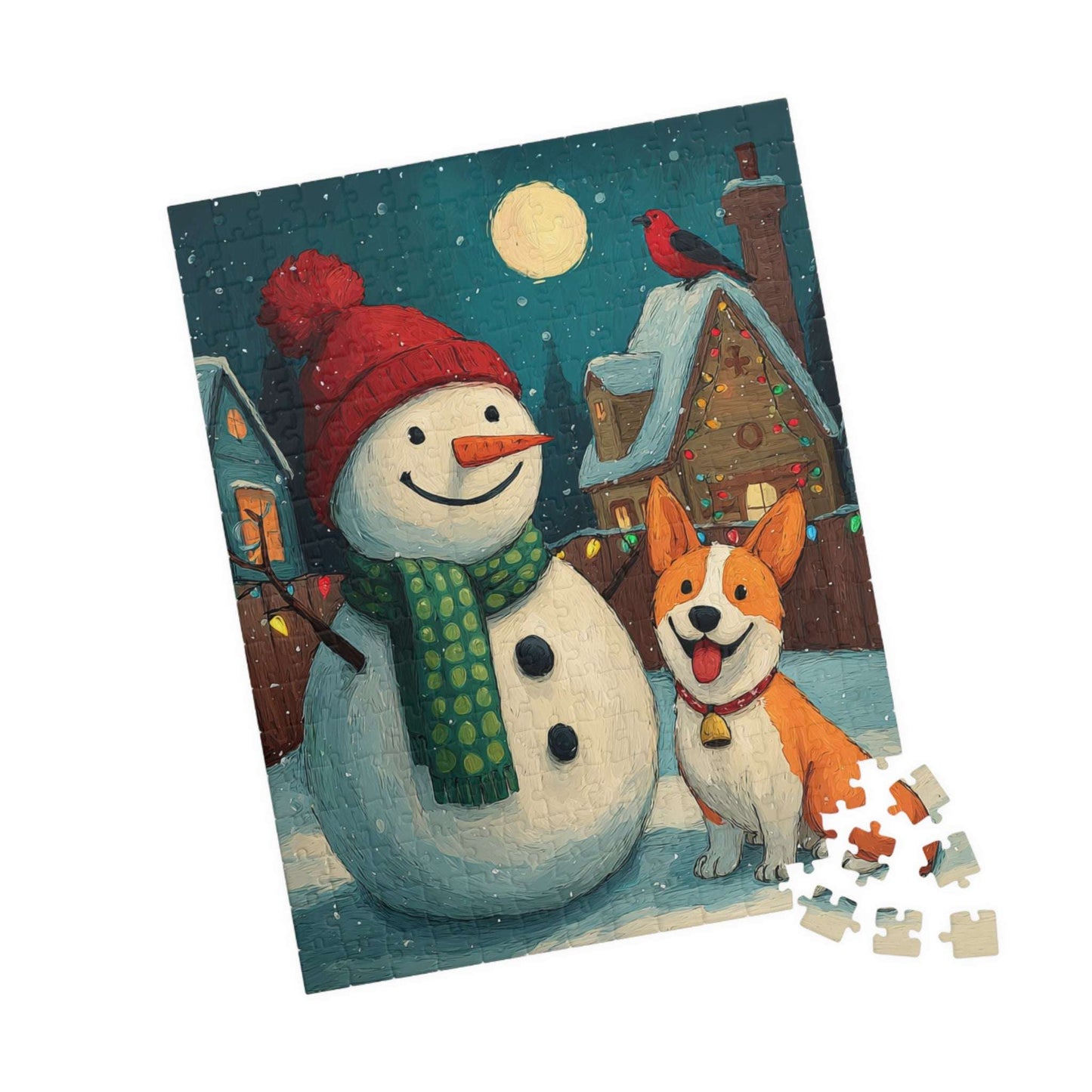 Moonlit Companions - Snowman and Dog Jigsaw Puzzle, Christmas Winter Themed Holiday Game 252 pcs (Vertical) Puzzle The Puzzle Chest