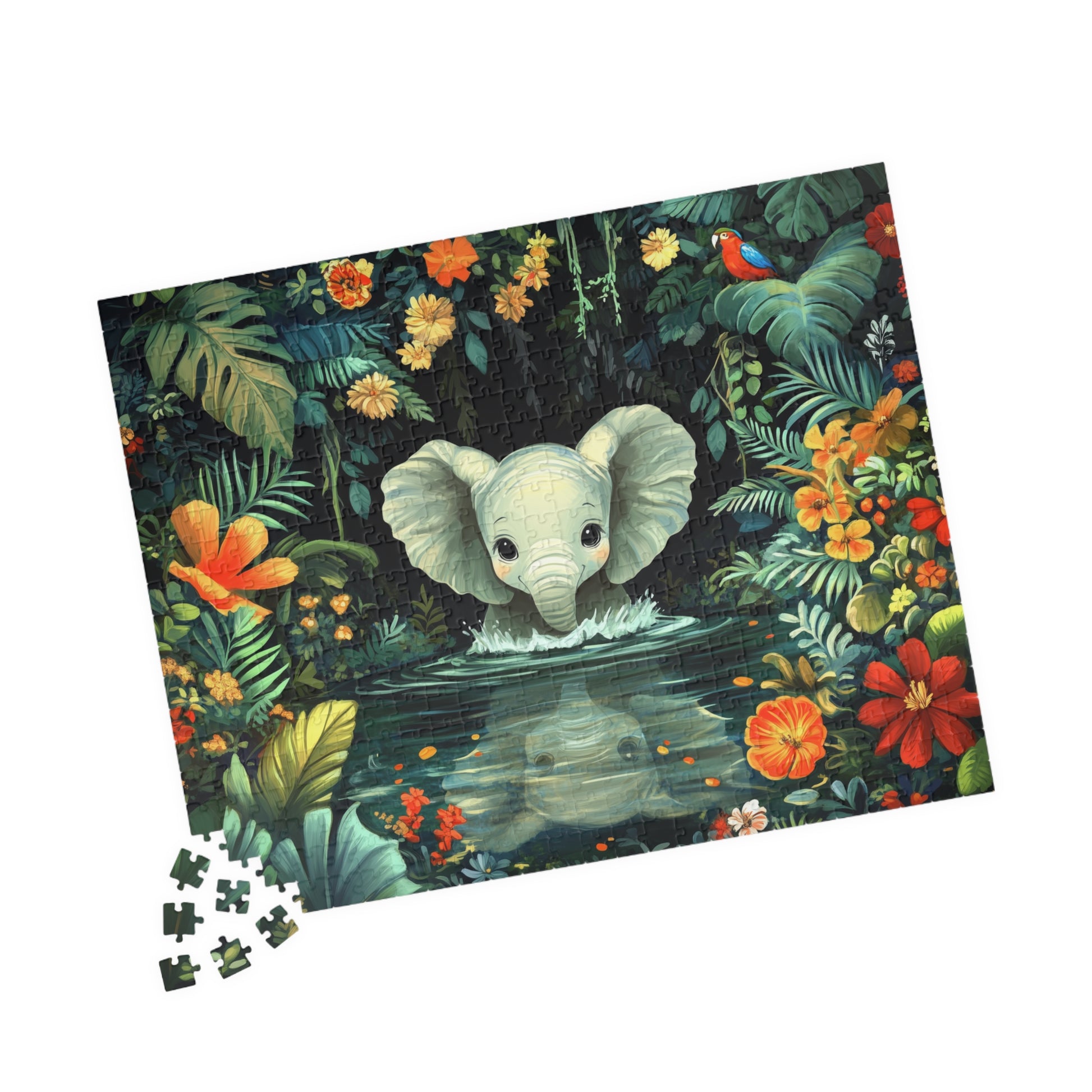 Baby Elephant in Jungle Puzzle | Floral Tropical Scene 110-1014pc 520 pcs (Horizontal) Puzzle The Puzzle Chest