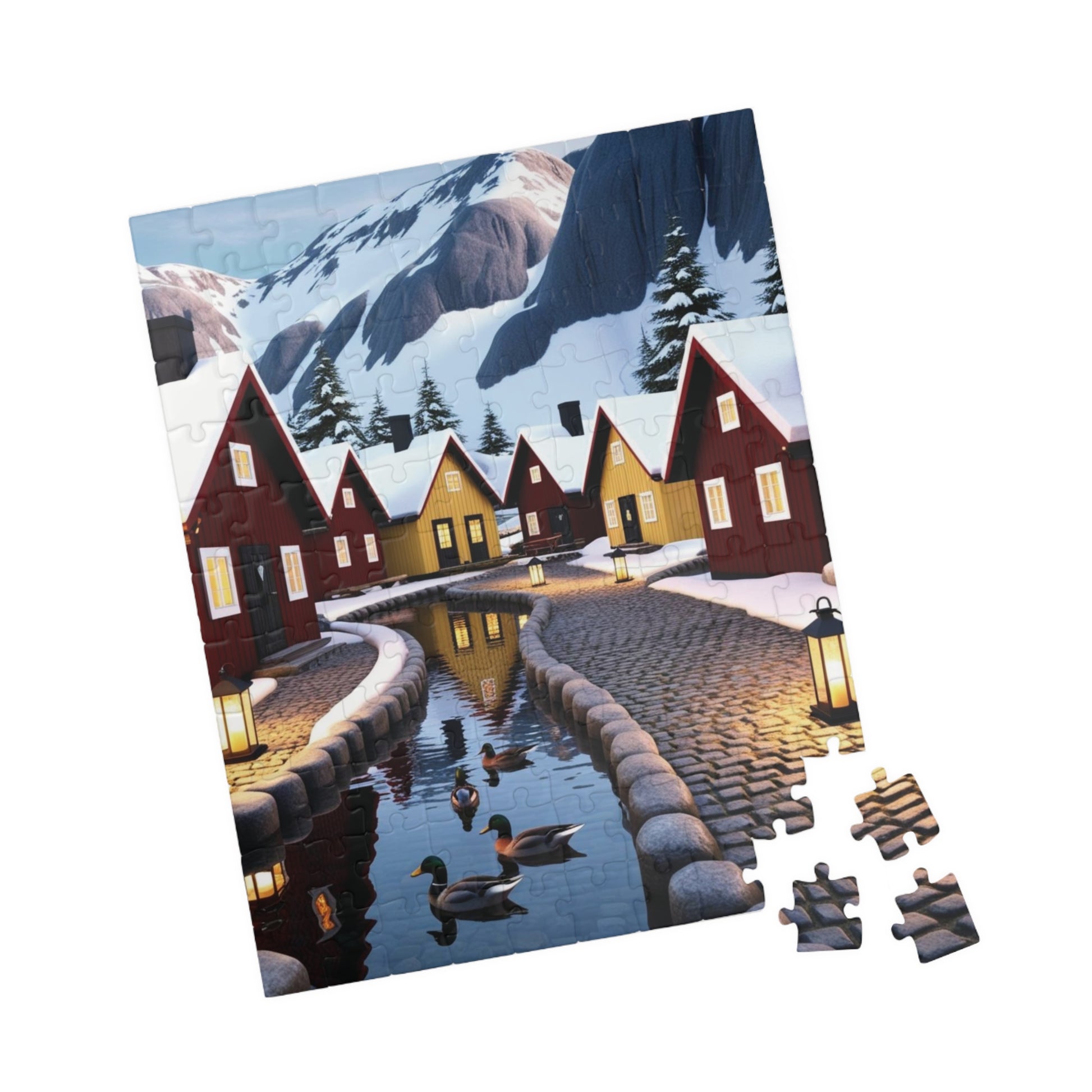 Nordic Village Jigsaw Puzzle - Winter Scene, Snowy Peaks, Red Yellow Cottages, Fun Family Activity, Christmas Holiday The Puzzle Chest