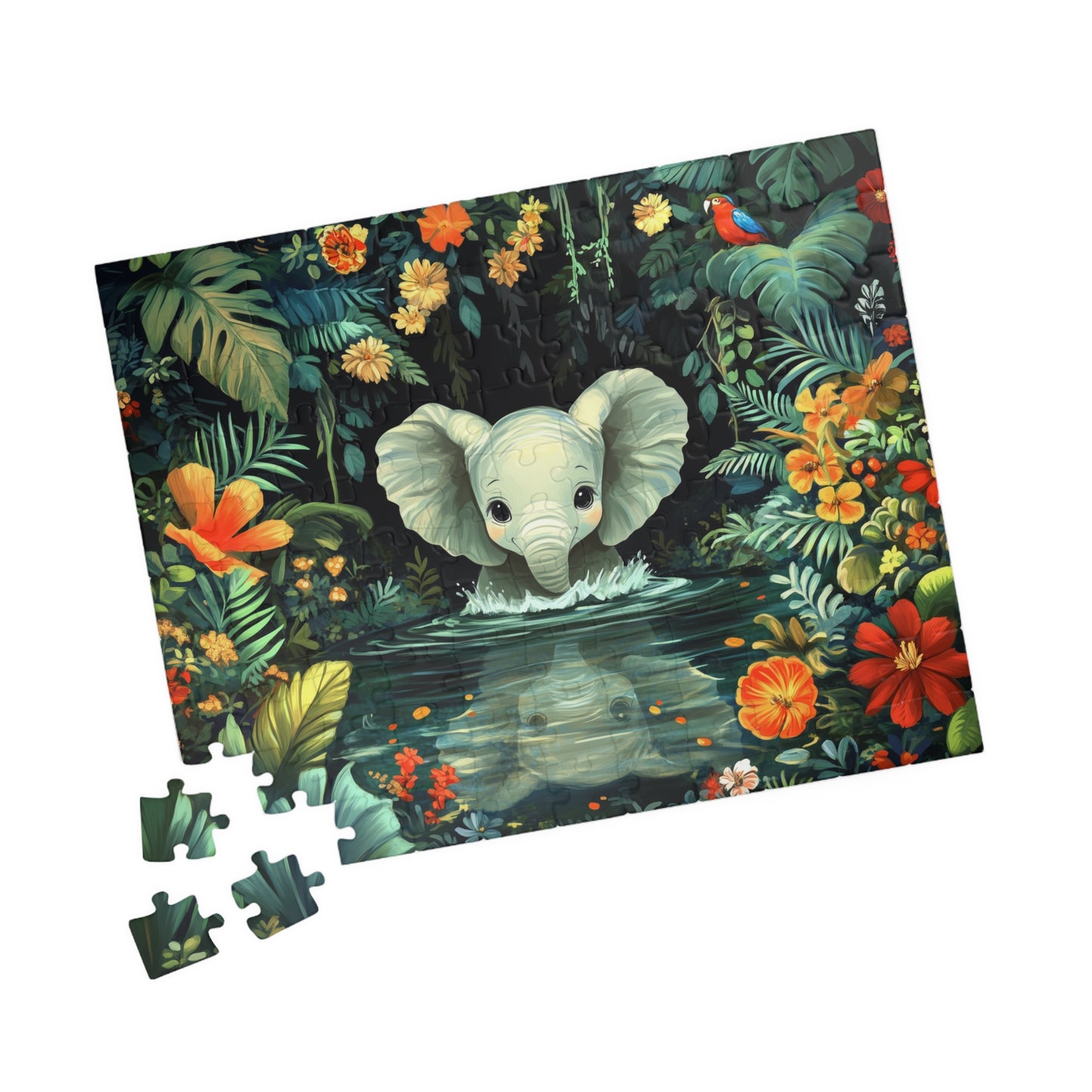 Baby Elephant in Jungle Puzzle | Floral Tropical Scene 110-1014pc 110 pcs (Horizontal) Puzzle The Puzzle Chest